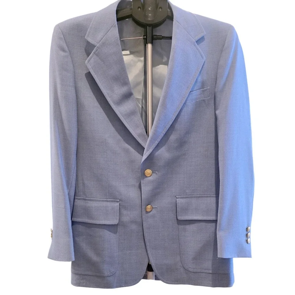 Vtg 70s Baby Blue Blazer Mens 38R Wide Lapel Gold Metal Crest Buttons Sport Coat